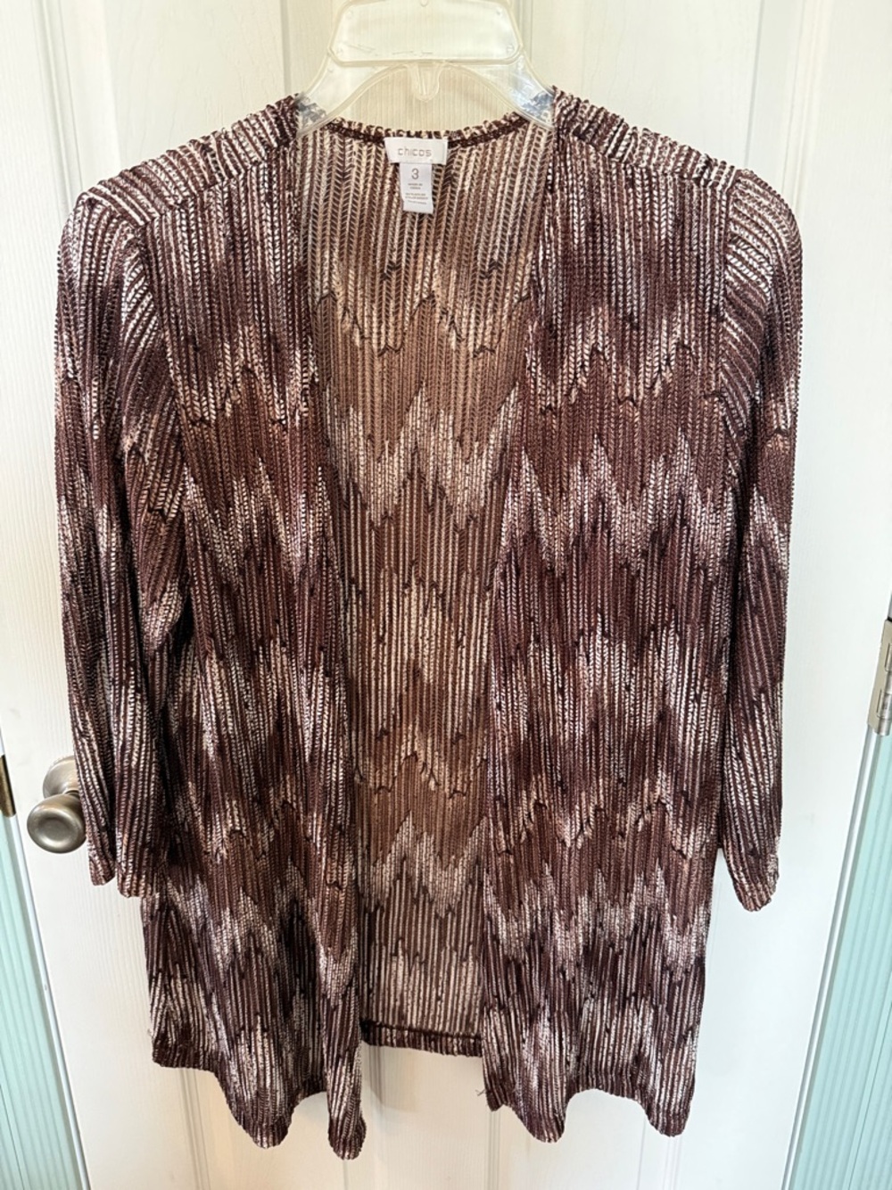 Chico's Metallic Chevron Open-Front Cardigan in Brown and Cream